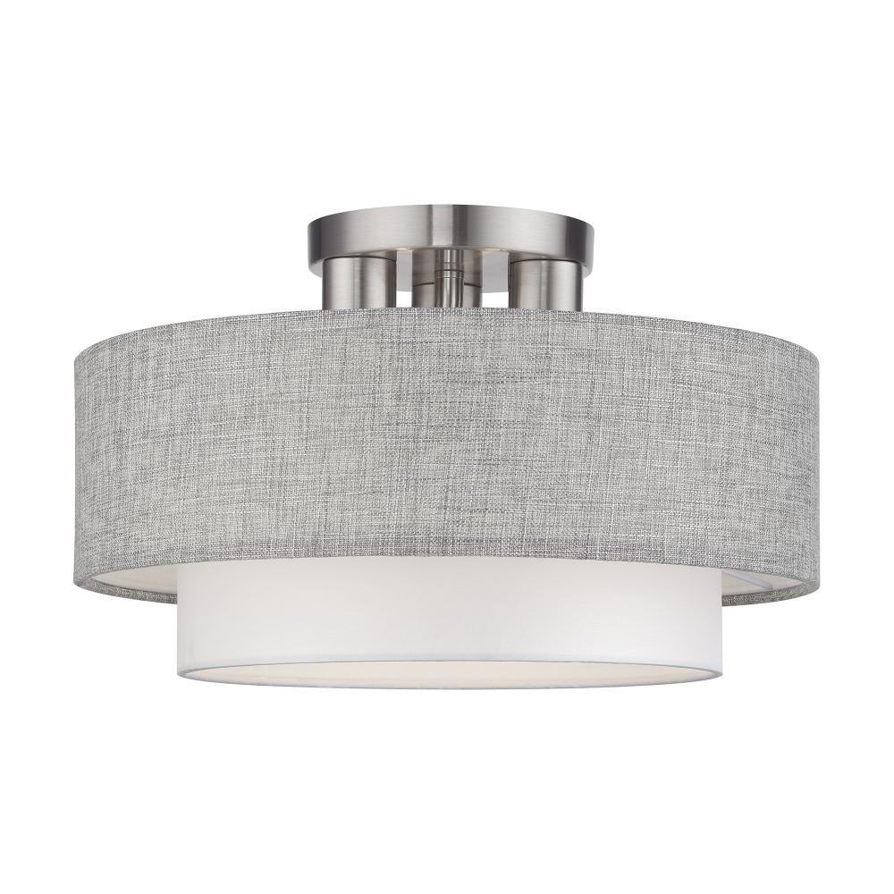 3 Light Brushed Nickel Large Semi-Flush with Hand Crafted Urban Gray & White Fabric Hardback Shades