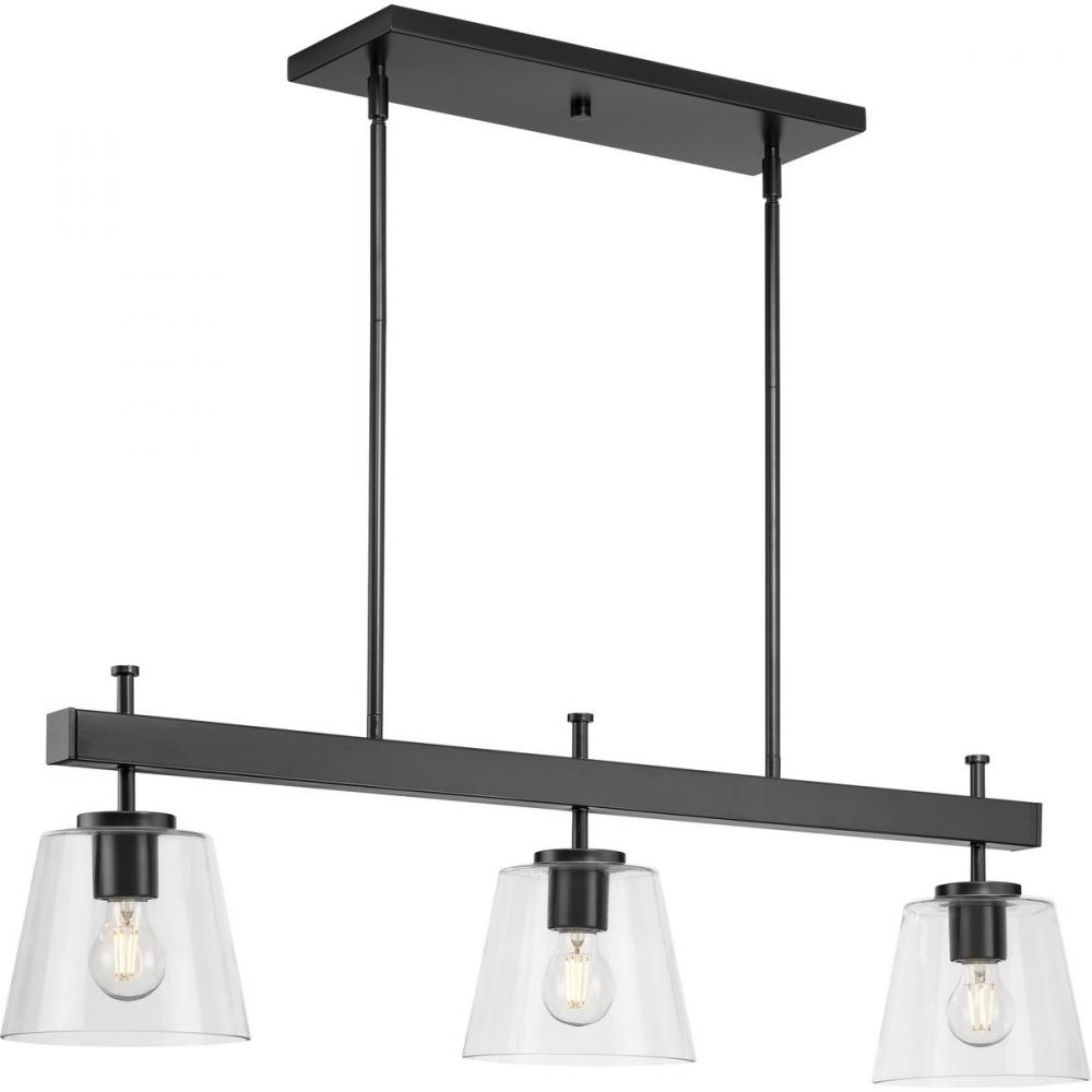 Saffert Collection Three-Light New Traditional Matte Black Clear Glass Linear Island Chandelier Ligh