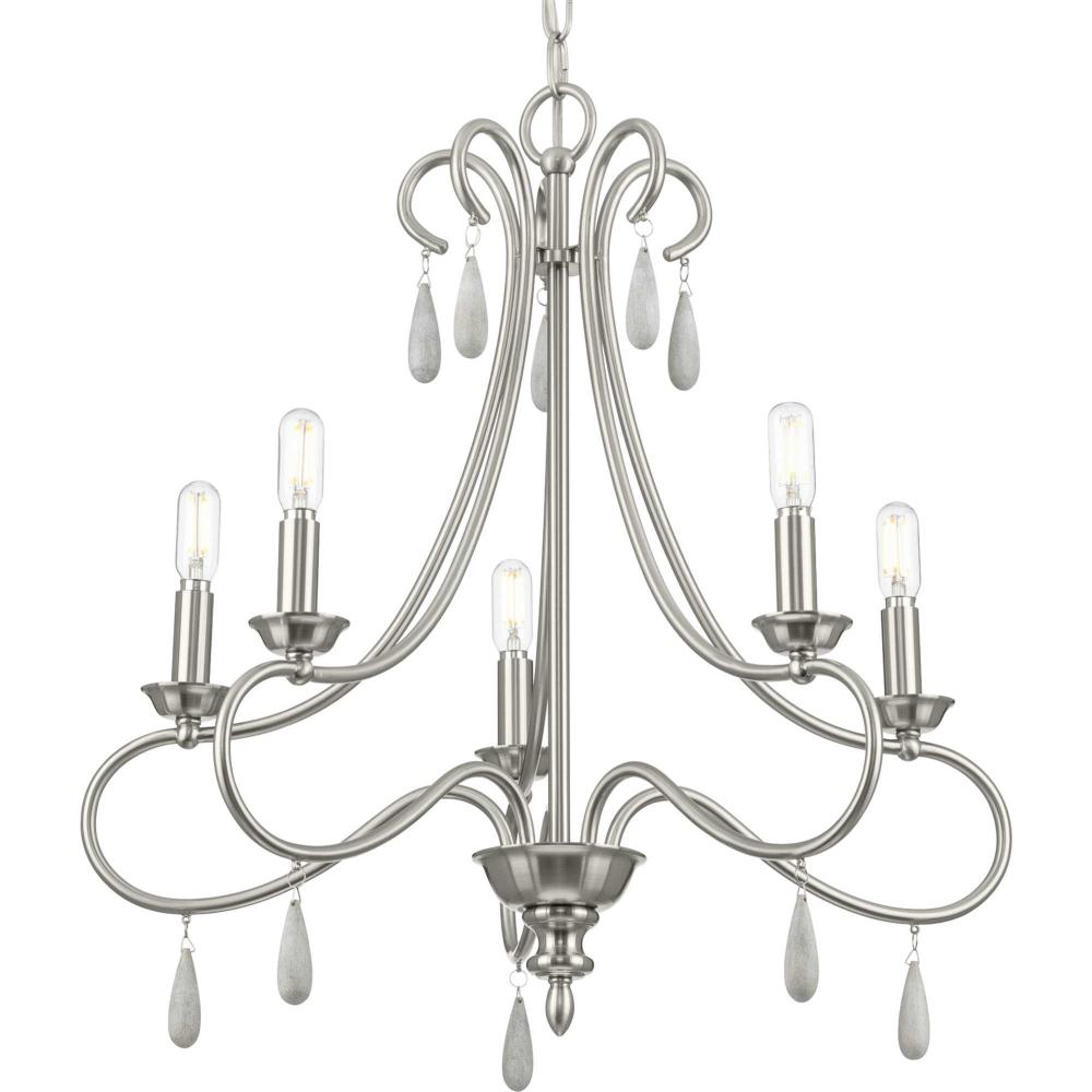 Vinings Collection Five-Light Brushed Nickel and Grey Washed Oak Chandelier Light