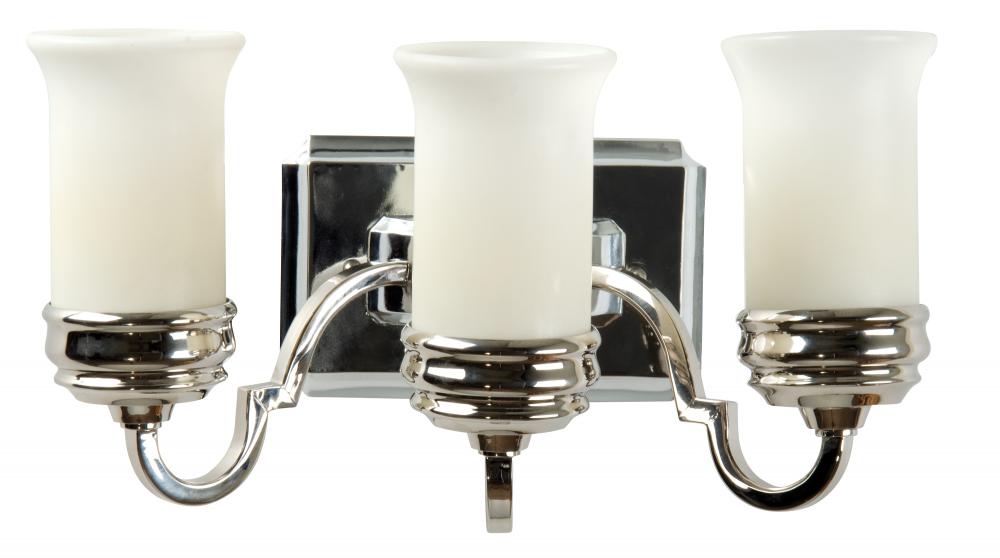 Three Light Polished Nickel White Glass Vanity