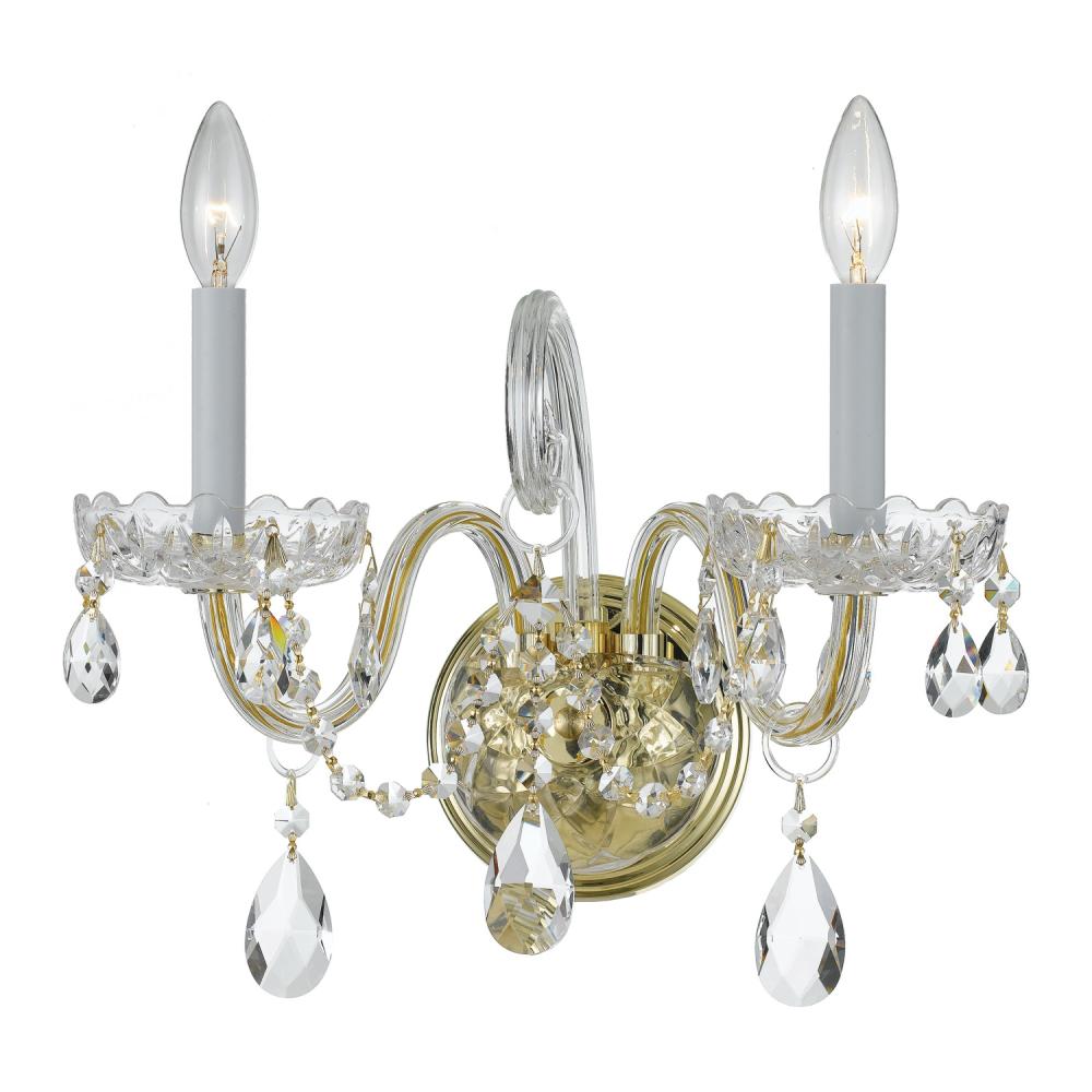 Traditional Crystal 2 Light Swarovski Strass Crystal Polished Brass Sconce