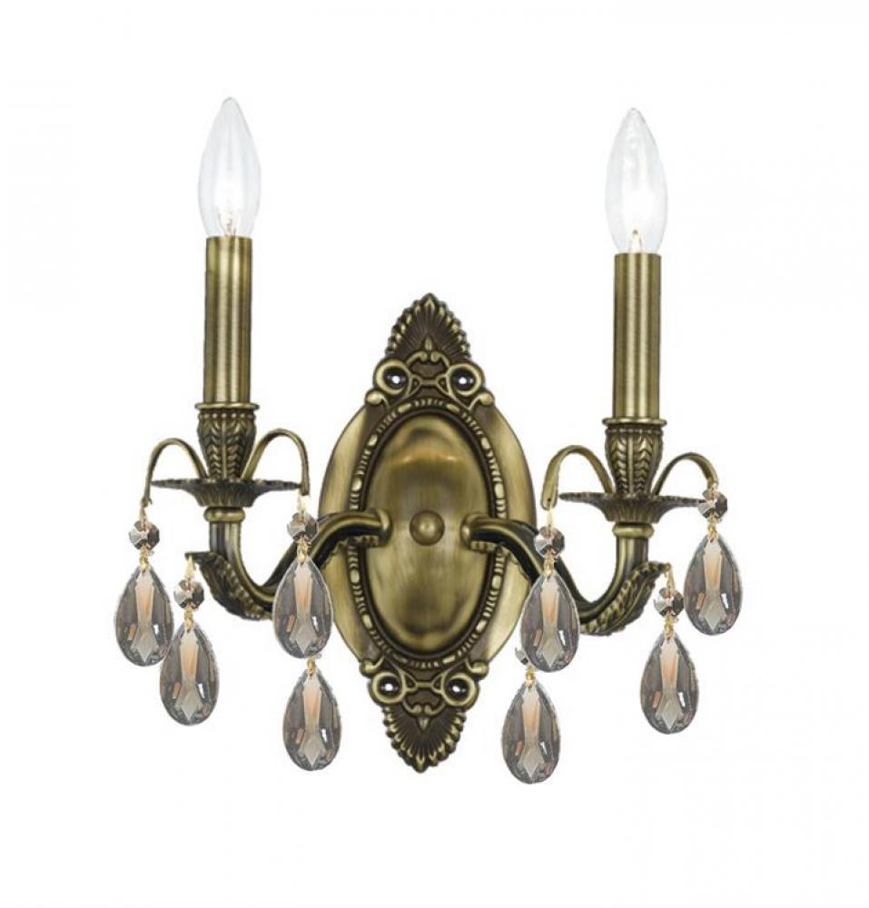 Dawson 2 Light Golden Teak Crystal Antique Brass Sconce