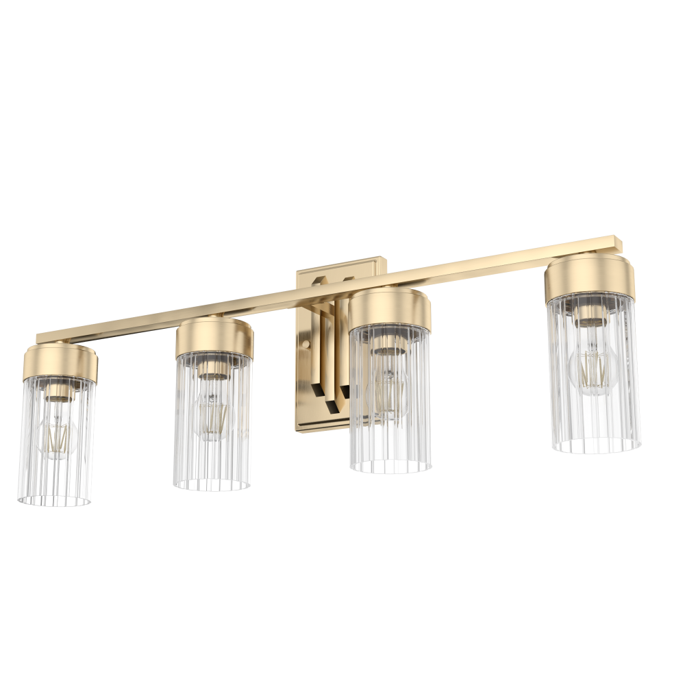 Hunter Gatz Alturas Gold with Clear Fluted Glass 4 Light Bathroom Vanity Wall Light Fixture