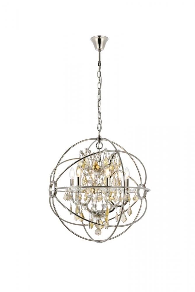 Geneva 6 Light Polished Nickel Chandelier Golden Teak (Smoky) Royal Cut Crystal