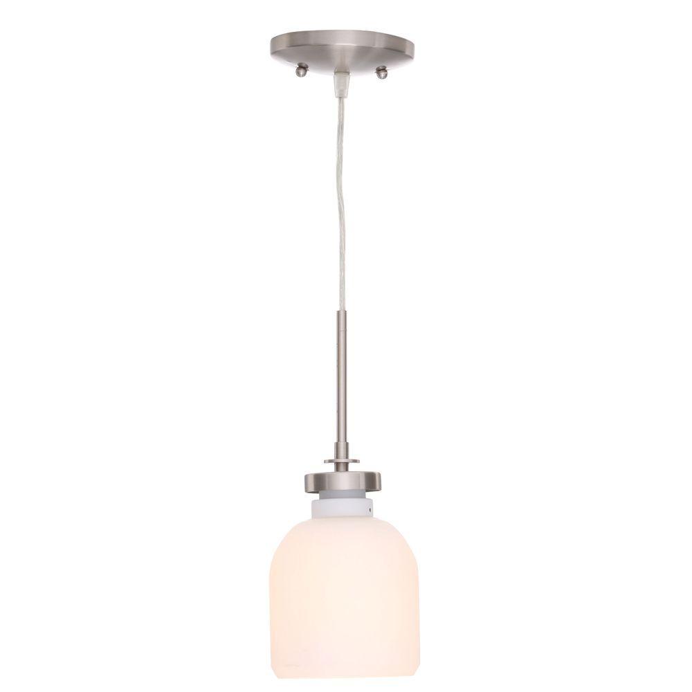 1-Light Brushed Nickel Mini Pendant with White Frosted Glass Shade