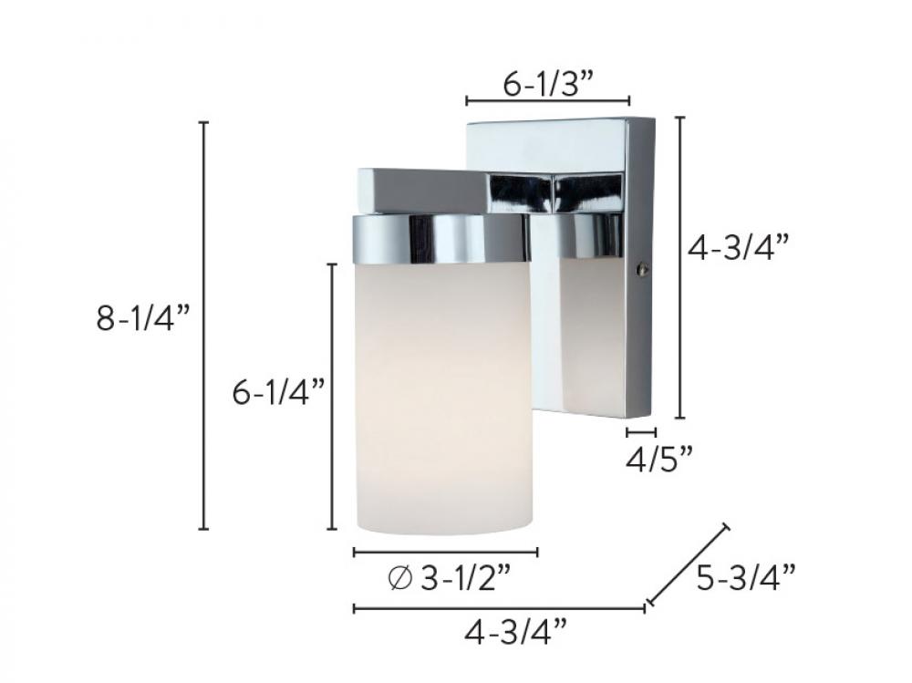 Milo, 1 Lt Vanity, Flat Opal Glass, 100W Type A, 4 3/4" W x 8 1/4" H x 5 3/4" D