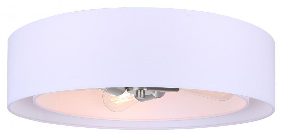 LANDRA 19 in. 3-Light 60-Watt Contemporary Brushed Nickel Flush Mount with White Fabric Shade