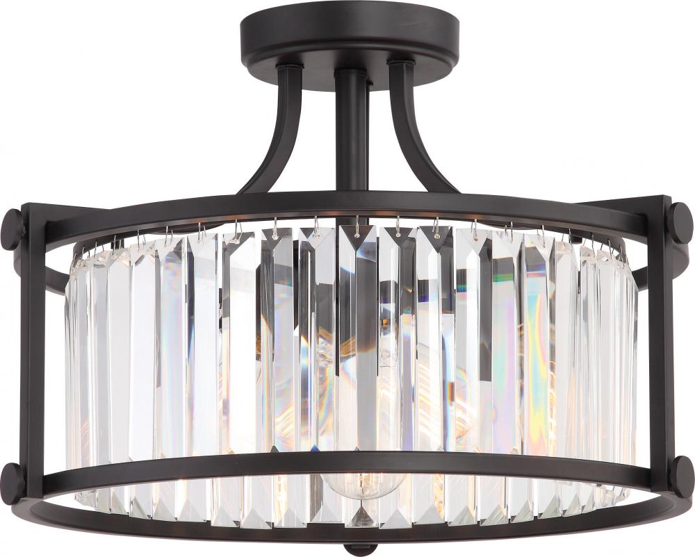 Krys- 3 Light Crystal Accent Semi Flush Mount - Aged Bronze Finish