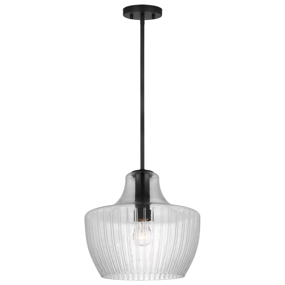 Destin; 1 Light Medium Pendant; Medium Base; Black And Silver Accent Finish; Clear Ribbed Glass